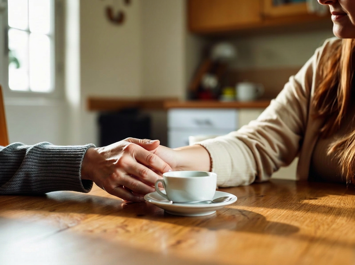 A caregiver gently holding an elder's hand over tea at a sunlit kitchen table